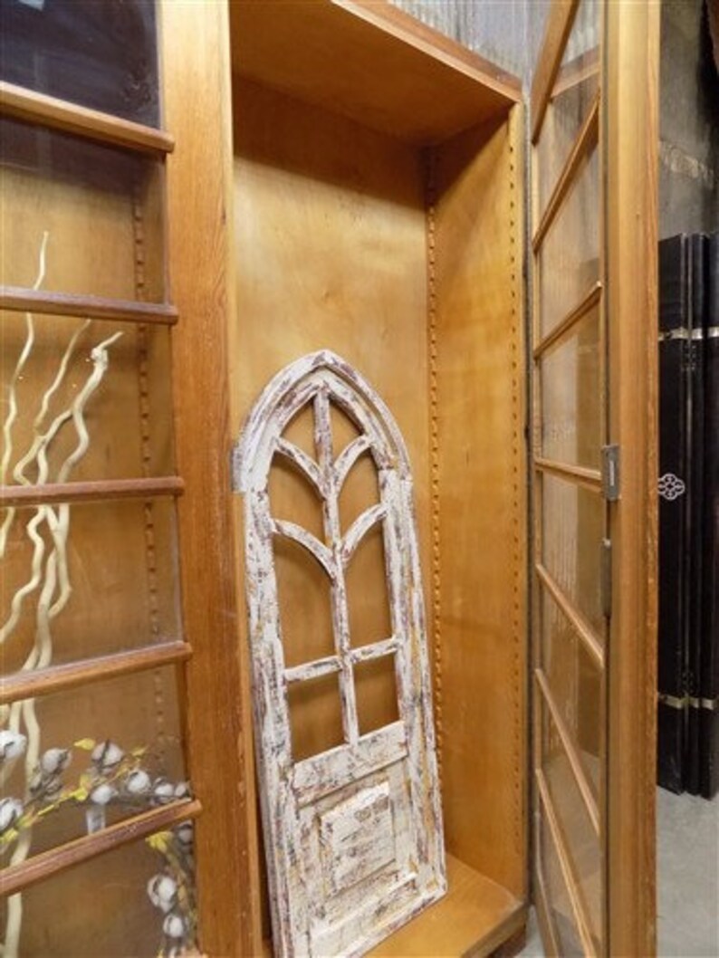 Vintage Wood Storage Bookcase With Glass Doors, Rustic Cupboard