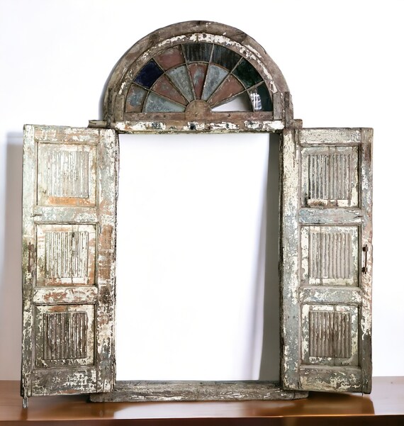 Old Green Painted Teak Fanlight Mirror - 19thC Old Green Painted Teak Fanlight Mirror - 19thC