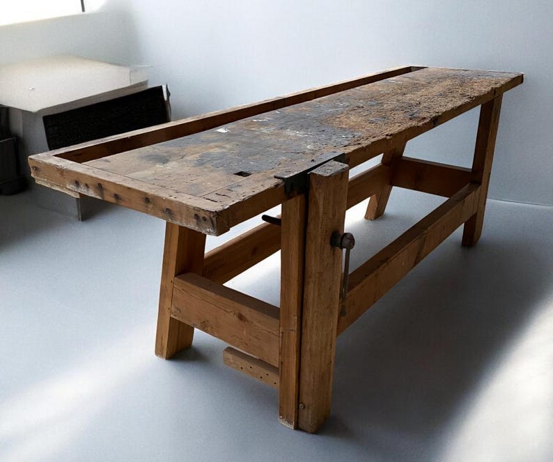 Rustic Work Table, Vintage Carpenter's Workbench, Woodworking Console ...