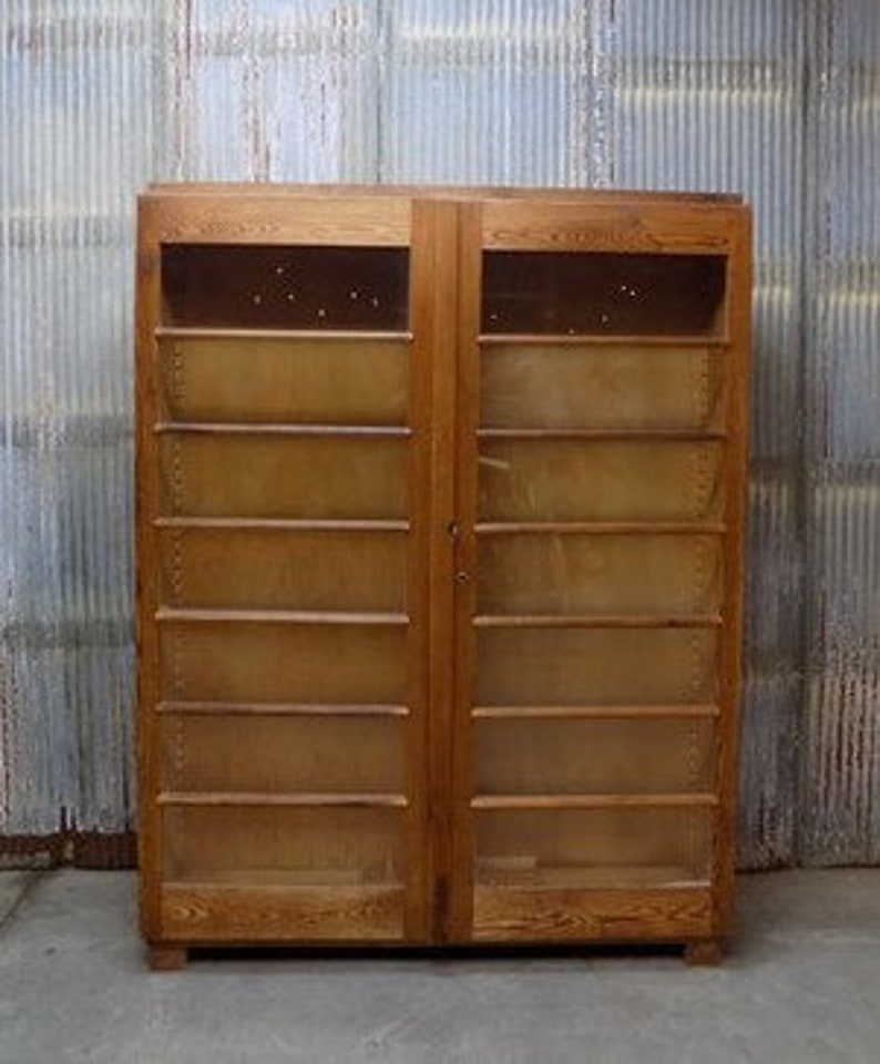 Vintage Wood Storage Bookcase With Glass Doors Rustic Etsy