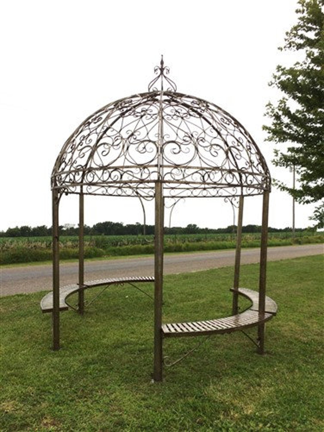 Elegant Swirl Gazebo With Bench, Dome Roof, Metal Pergola, Outdoor