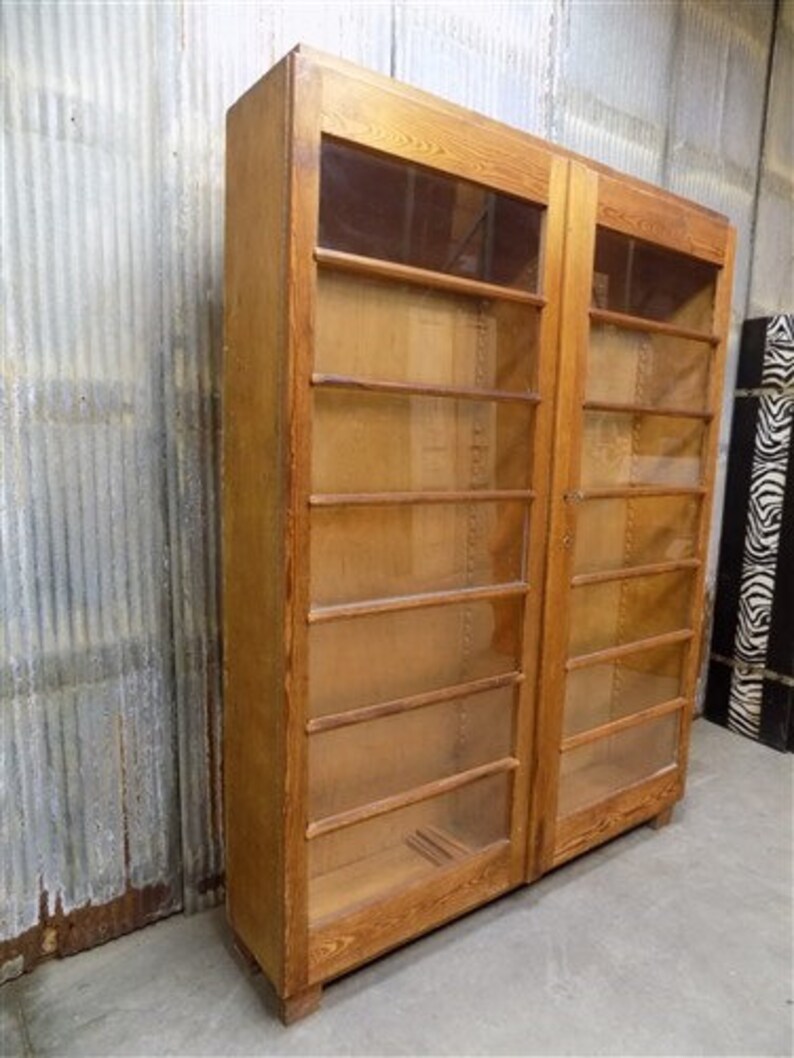 Vintage Wood Storage Bookcase With Glass Doors, Rustic Cupboard