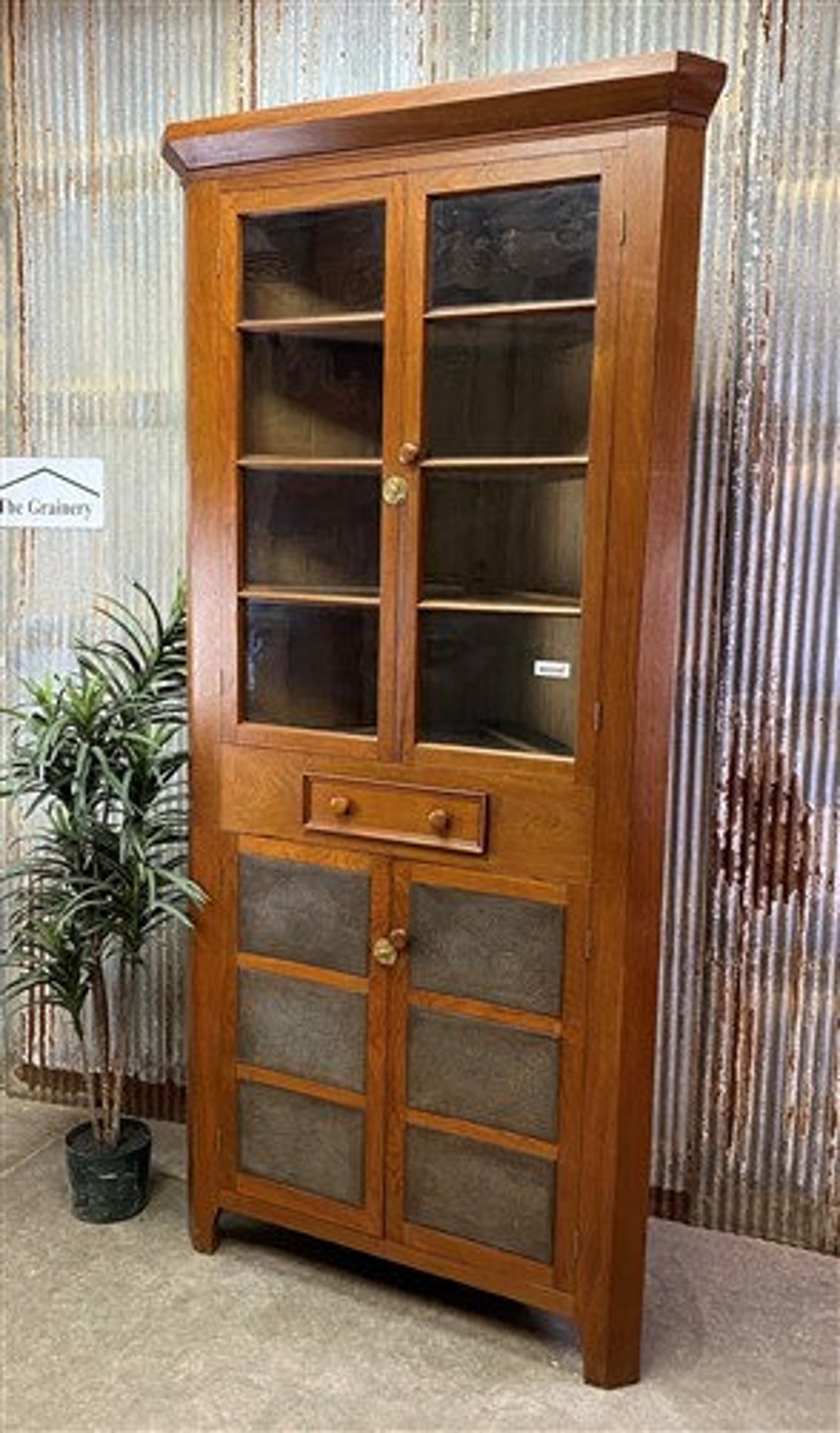 Primitive Glass Front Corner Display Case, Kitchen Pantry