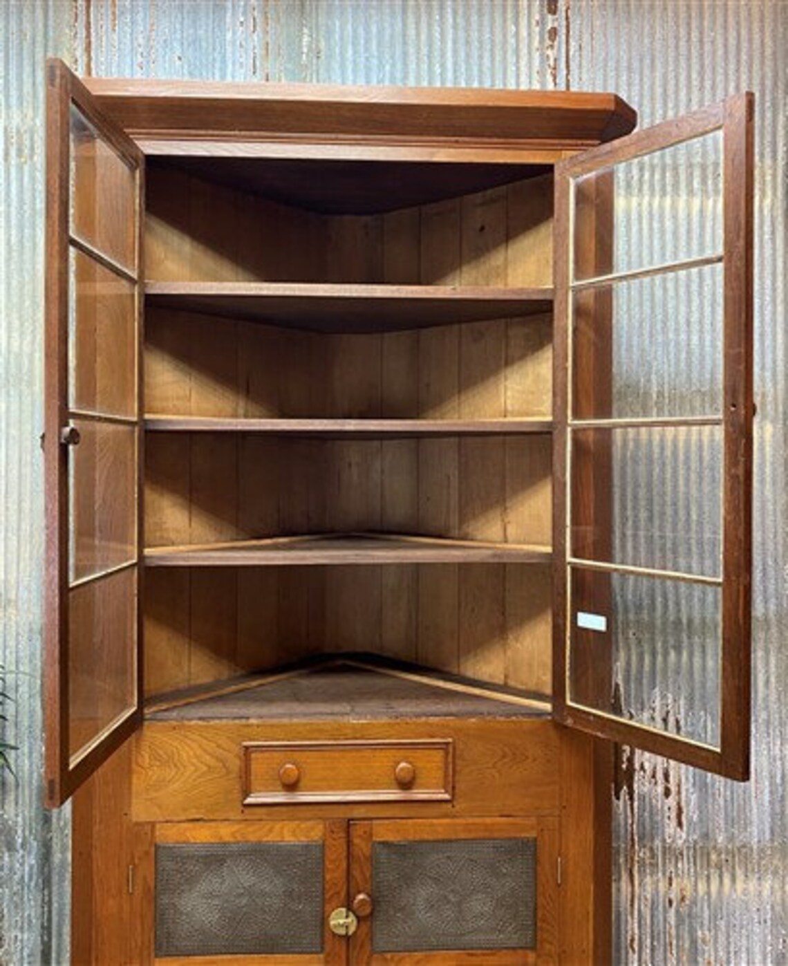 Primitive Glass Front Corner Display Case, Kitchen Pantry