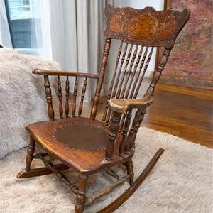 Oak Rocking Chair Press Back Spindle Rocker Vintage Carved Rocking Chair Home Office Wood Furniture Country Decor Etsy