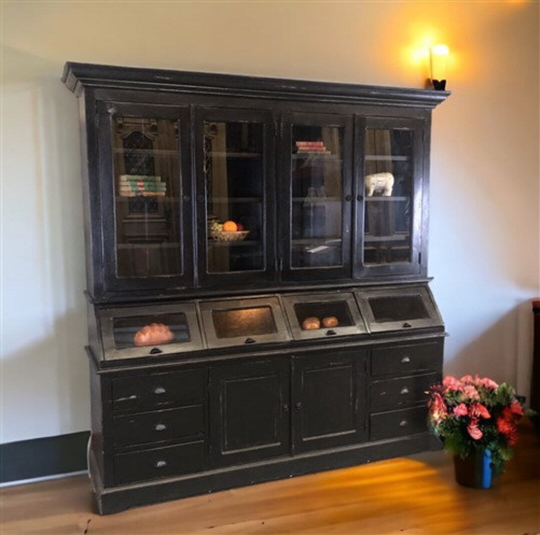 Flat Kitchen Hutch Cabinet, Kitchen Pantry Storage, Black Wood Cupboard ...