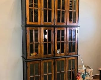 4'10" Triple Stack Cabinet, Black with Teak Doors, Kitchen Cabinet, Bookcase, D