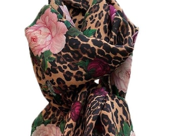 Erica Silk and wool Scarf with peonies and roses on animal print from the PierAntonia ‘Peony Collection’