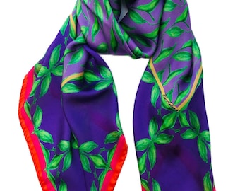 Faye Silk Scarf with green leaf on lavender background from the PierAntonia 'Lyla Collection'