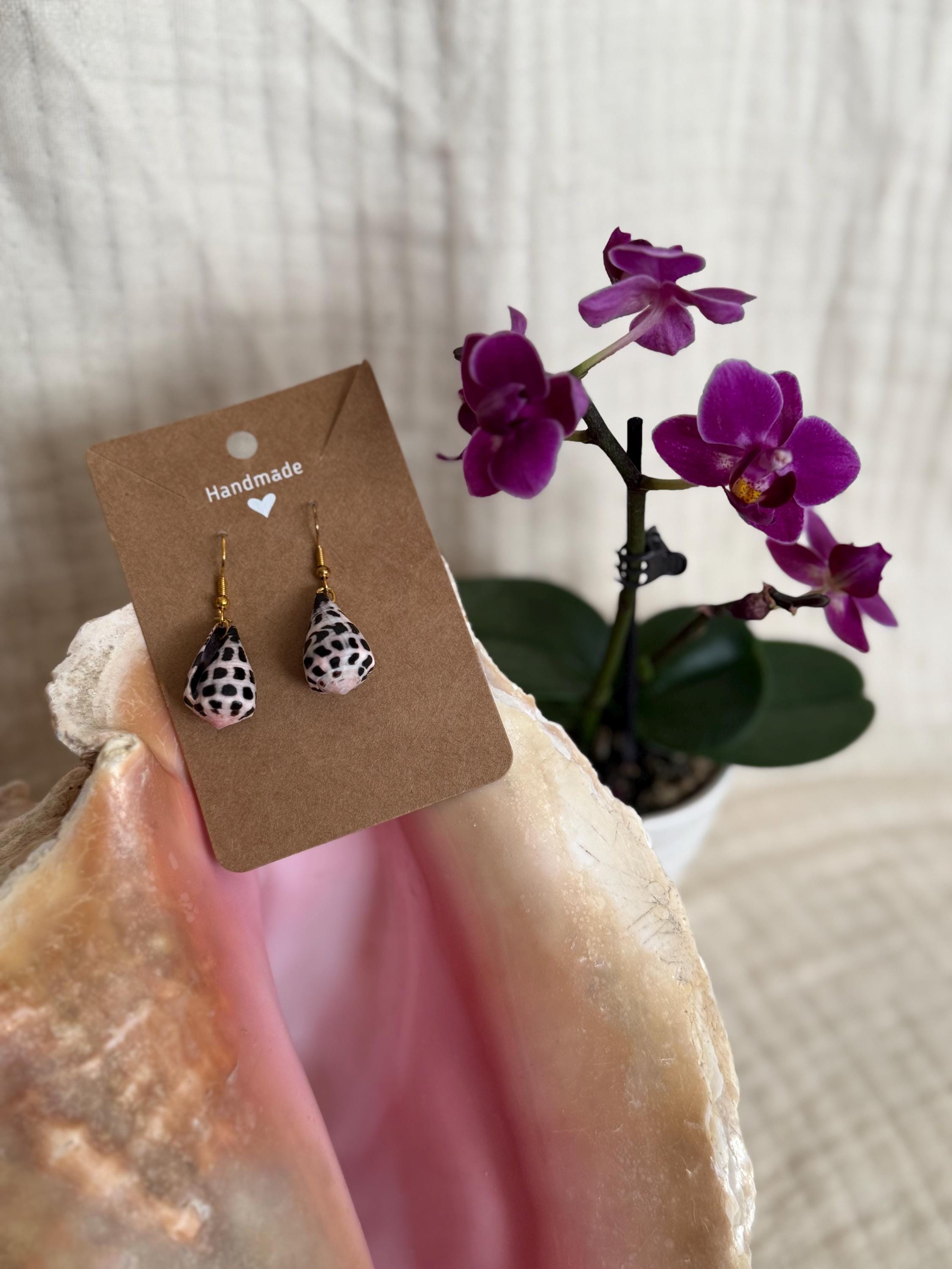 Handmade Hebrew Cone Calico Seashell Dangle Earrings, Gold Plated ...