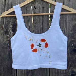 Eco-printed Cropped TankTop, naturally printed with flowers and leaves, Women&#39;s summer clothing made from comfortable cotton/spandex fabric.