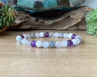 Crown Chakra Bracelet, Sahasrara Seventh Chakra Energy, Spiritual Guidance & Ascension, Higher Consciousness, 6mm Beaded Stretch Bracelet