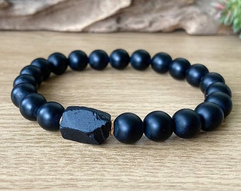 Raw Black Tourmaline Bracelet: Natural Protection Crystal Jewellery, Unisex, 8mm beads