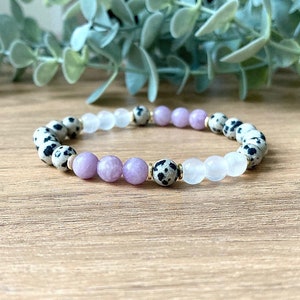 Energy Protection Bracelet, Spiritual Protection Barrier, Energetic Balance, Selenite, Lepidolite, Dalmatian Jasper, 6mm Beaded Bracelet