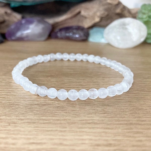 Dainty 4mm Selenite Bracelet, Crown Chakra, Moon Goddess, Tiny Bead Stacking Bracelet, Choose Silver, Gold or Rose Gold Spacers