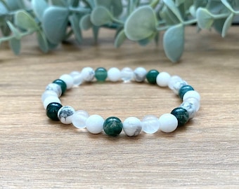 Calming Gemstone Energy Bracelet | Crystal Gift for Balance, Serenity and Harmony | Selenite, Howlite, Moss Agate | 6mm Gemstone Beads