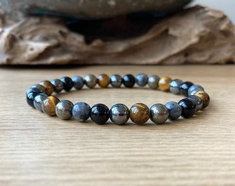 Multi Protection Bracelet | Pyrite, Onyx, Tigers Eye, Hematite, Larvikite | Mixed Stone 6mm Crystal Beads
