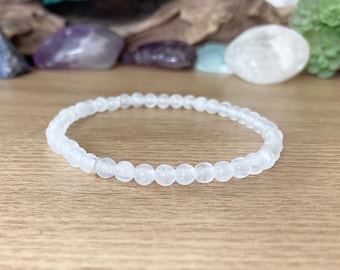 Selenite Bracelet, Aura and Negative Energy Protection, Divine Feminine Energy, 4mm Bead Bracelet, Choose Silver, Gold or Rose Gold Spacers