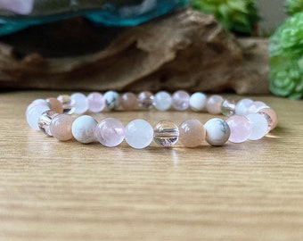 Fertility Bracelet, Pregnancy, Moonstone Rose Quartz Sunstone, 6mm Stretch Beaded Bracelet