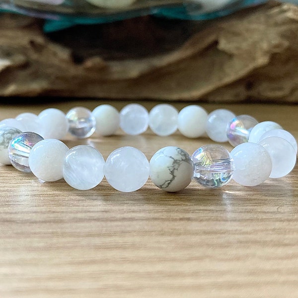 Soul Star Chakra Bracelet | Spiritual Unity | Selenite Moonstone Howlite | Spirituality & Enlightenment | Choose 6mm or 8mm Beads