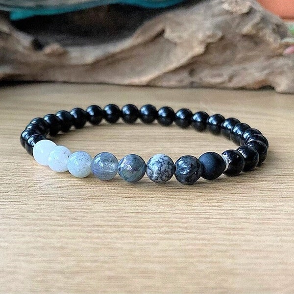 Wolf Moon Bracelet, Moon Phase Lunar Crystals, 6mm Ombre Beaded Gemstone Bracelet, Wolf Lovers Gift, Crystals for Deep Connection