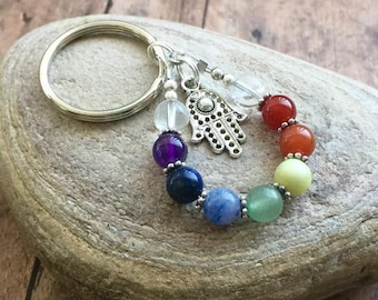 Seven Chakra Gemstone Keyring: Hamsa Hand Yoga Keychain