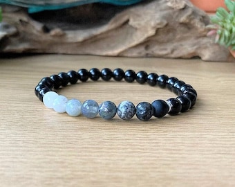 Wolf Moon Bracelet, Moon Phase Lunar Crystals, 6mm Ombre Beaded Gemstone Bracelet, Wolf Lovers Gift, Crystals for Deep Connection