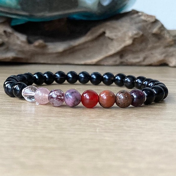 Blood Moon Bracelet, Red Moon Eclipse Crystals, 6mm Beaded Ombre Bracelet, Garnet, Red Agate, Quartz, Reflection and Contemplation