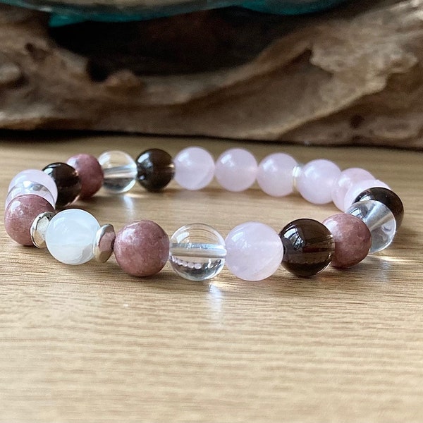 Breast Cancer Support Bracelet | Cancer Survivor Awareness Bracelet | Rose Quartz, Selenite, Smokey Quartz | Choose 6mm or 8mm Beads