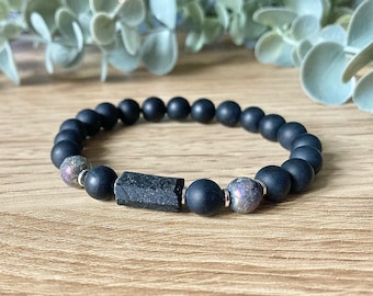 Energy Protection Bracelet | Raw Black Tourmaline, Labradorite | Negative Shield | 8mm Gemstone Beads