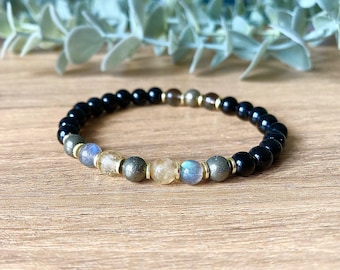 Negative Energy Protection Bracelet | Aura Shield | Citrine, Labradorite, Pyrite, Black Onyx | 6mm Gemstone Beads