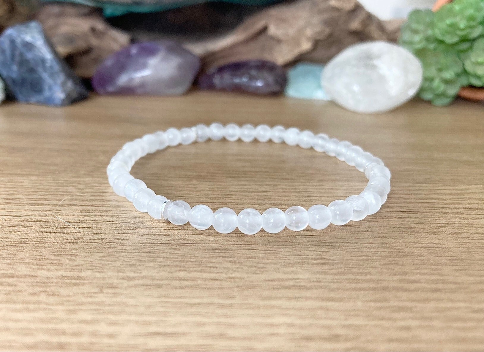 Natural Selenite Round Beads Bracelet, Crystal Stacking Bracelets