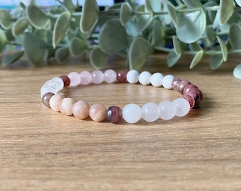 Fertility Bracelet, Moonstone, Rhodonite, Rose Quartz and Strawberry Quartz, 6mm Bead Gemstones