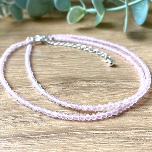 Rose Quartz Necklace, Dainty Pink Beaded Gemstone Choker, Tiny Bead Crystal Necklace