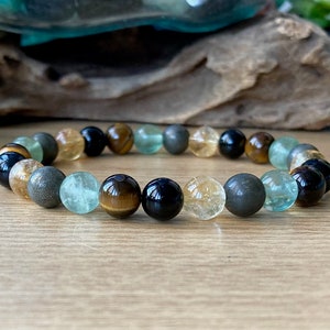 Men&#39;s Power Bracelet, Crystals for Strength, Success, Love, Focus, Energy Booster Bracelet, 8mm Beaded Genuine Gemstone Stretch Bracelet