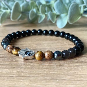 Hamsa Hand Protection Bracelet, Ward off Negative Energy, Black Onyx, Tigers Eye, Obsidian, Unisex 6mm Stretch Beaded Bracelet