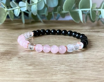Love + Protection Bracelet, Empath Shield, Heart Chakra, Black Tourmaline, Rose Quartz, Clear Quartz, 6mm