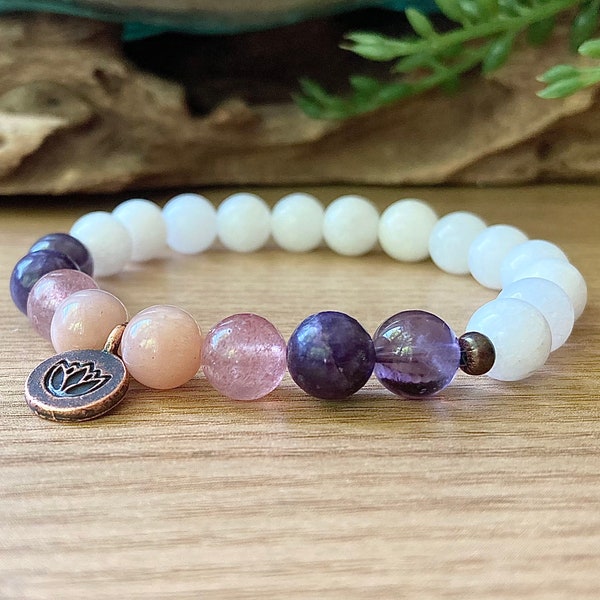 Bracelet à énergie positive | Pierre de soleil, lépidolite, améthyste | Attirer la positivité et l'énergie vibrante | Bien-être spirituel | Bracelet de perles de 8 mm