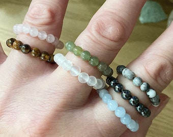 Crystal Gemstone Stackable Ring, Dainty Beaded Stretch Ring, Healing Crystal Energy Bead Thumb Ring, Holistic Healing Jewellery