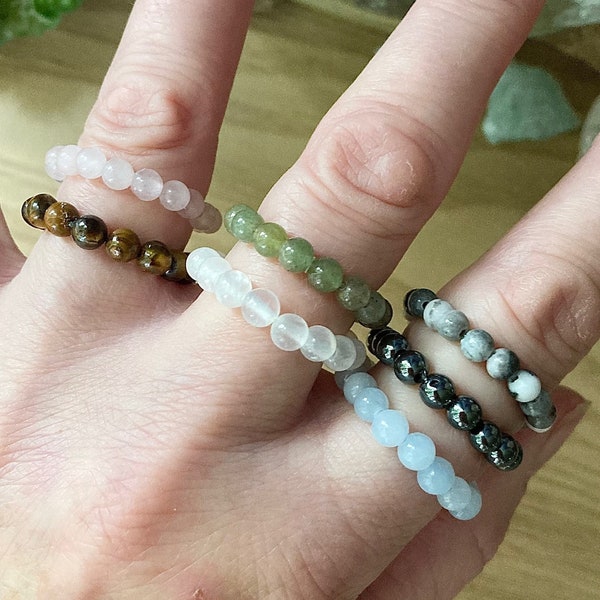 Crystal Gemstone Stackable Ring, Dainty Beaded Stretch Ring, Healing Crystal Energy Bead Thumb Ring, Holistic Healing Jewellery