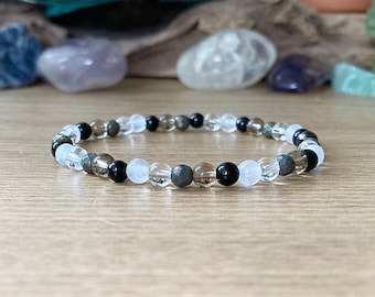 Dainty Protection Detox Bracelet | Aura Energy Cleansing | Clear Quartz Selenite Smokey Quartz Black Tourmaline | 4mm Tiny Bead Bracelet