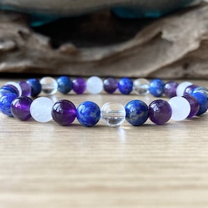 Headache Migraine Support Bracelet | Release Tension Energy Blockages | Amethyst Lapis Moonstone | 6mm Beaded Bracelet