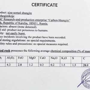 May include: A certificate of analysis for size-sorted shungite, a type of carbon-rich rock. The certificate lists the chemical composition of the rock, including silica, titanium dioxide, aluminum oxide, iron oxide, magnesium oxide, calcium oxide, sodium oxide, potassium oxide, sulfur, carbon, and water. The certificate is from JSC Research-and-production enterprise "Carbon-Shungite" in Petrozavodsk, Republic of Karelia, Russia.