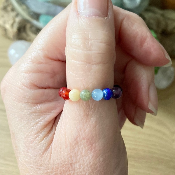 Chakra Ring, Natural 7 Chakra Activation Ring, Gemstone Chakra Alignment, Comfortable Beaded Crystal Ring, Yoga Stretch Ring Gift