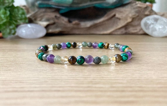 Dainty Wealth Gemstone Bracelet, Manifest Prosperity and Abundance Gift, Citrine, Pyrite, Jade, 4mm Tiny Bead Stretch Bracelet