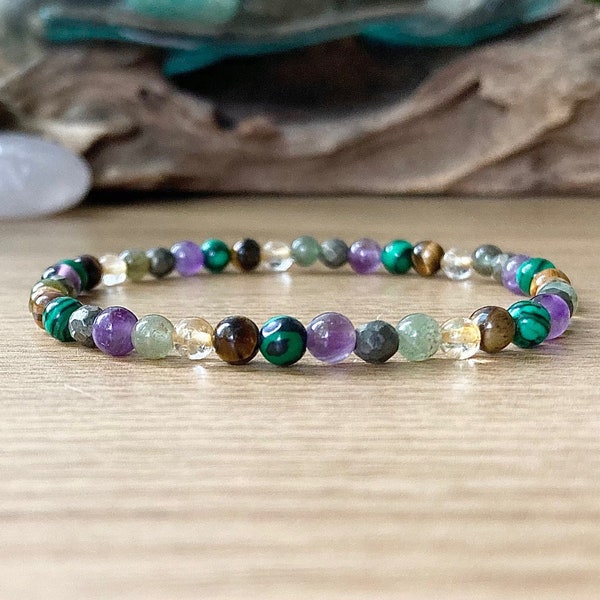 Dainty Wealth Gemstone Bracelet, Manifest Prosperity and Abundance Gift, Citrine, Pyrite, Jade, 4mm Tiny Bead Stretch Bracelet