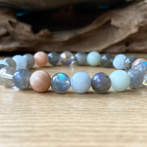 Aquamarine, Labradorite, Moonstone Bracelet | 8mm Beaded Stretch Bracelet | Stackable Semi-Precious Jewellery