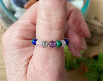 Childbirth Ring, New Beginnings, Midwife Birthing Crystals, Bead Stackable Ring, Stretch Ring Gift, Labour & Delivery, Malachite, Moss Agate