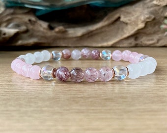 Fertility Bracelet | Moonstone, Rose Quartz, Strawberry Quartz, Angel Aura Quartz | 6mm Gemstone Beads