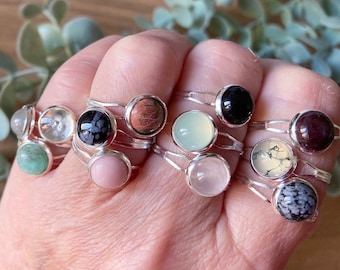 Gemstone Silver Plated Ring, Adjustable, Assorted Natural Crystals, Black Tourmaline, Amethyst, Moonstone, Lapis Jewellery
